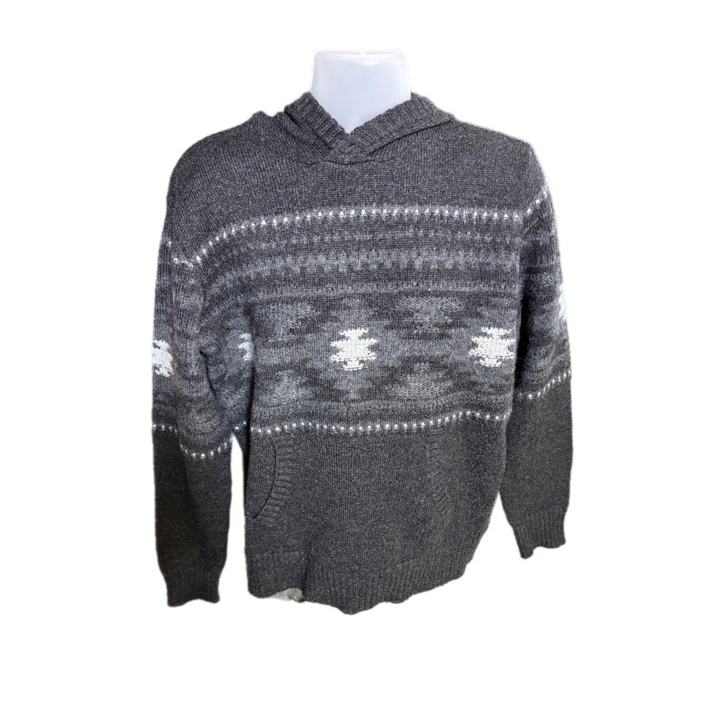 American Eagle Sweater Mens Size M Gray Aztec Southwestern Hooded Wool Blend - Picture 2 of 11